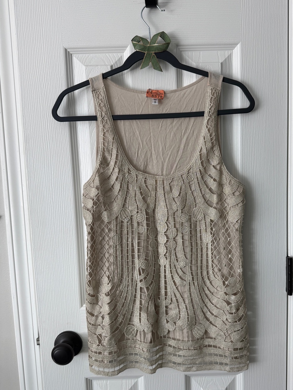 Vintage Express Y2K Gold Crochet Lace Overlay Knit Metallic Shimmer Top - M